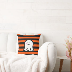 Halloween Ghost on Black and Orange Stripes  Cushion