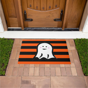Halloween Ghost on Black and Orange Stripes Doormat