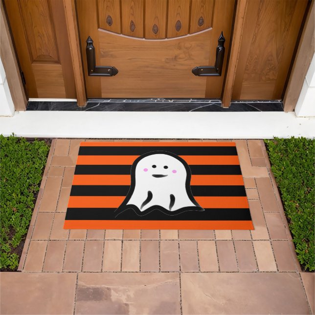 Halloween Ghost on Black and Orange Stripes  Doormat (Outdoor)