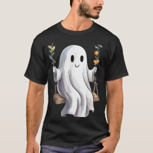 Halloween Ghost On Swing Autumn Flowers Cute T-Shirt