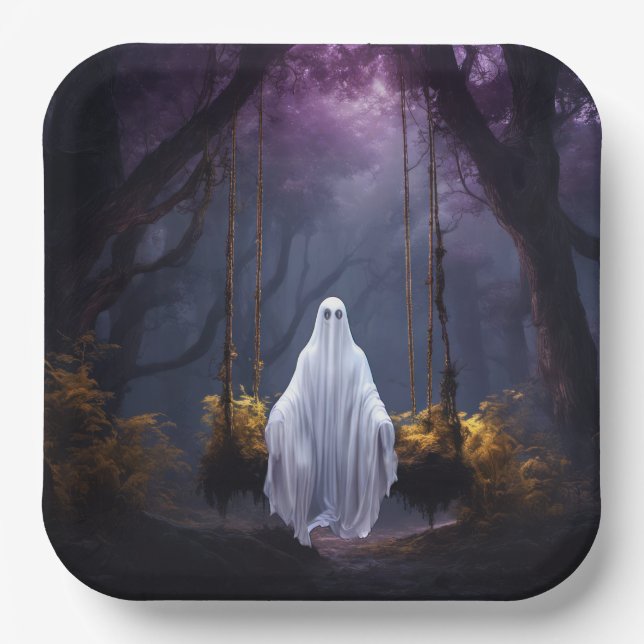 Halloween Ghost On Swing Paper Plate (Front)