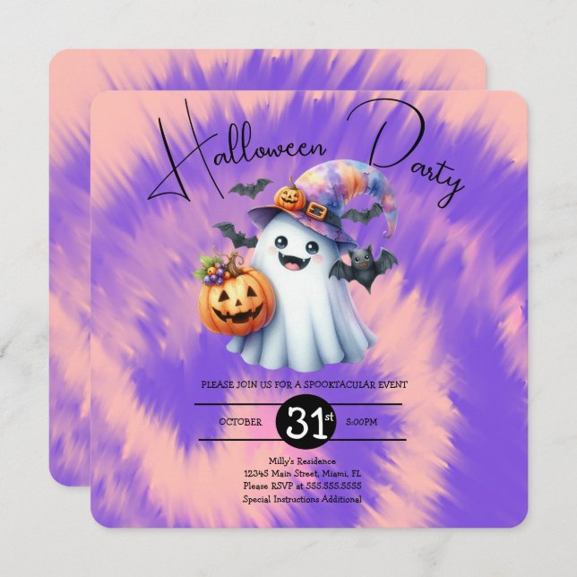 Halloween Ghost Party Tie Dye Hand Drawn  Invitation (Front/Back)