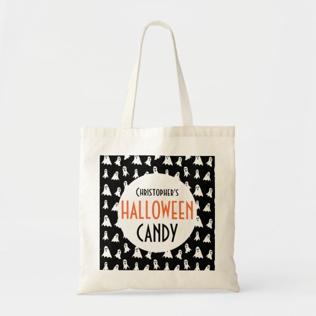 Halloween Ghost Pattern Personalised Black Treat Tote Bag (Front)