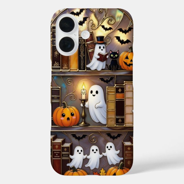 Halloween Ghost Phone Case Pumpkin Cat Bookshelf (Back)