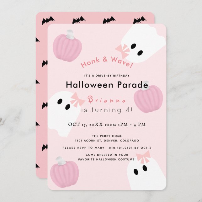 Halloween Ghost Pink Pumpkin Drive-by Birthday Invitation (Front/Back)