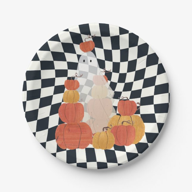 Halloween Ghost Pumpkin Chequered  Paper Plate (Front)