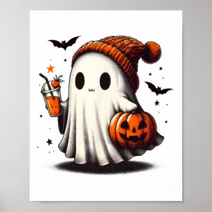 Halloween Ghost Pumpkin Fall Drinks Spooky Beanie Poster