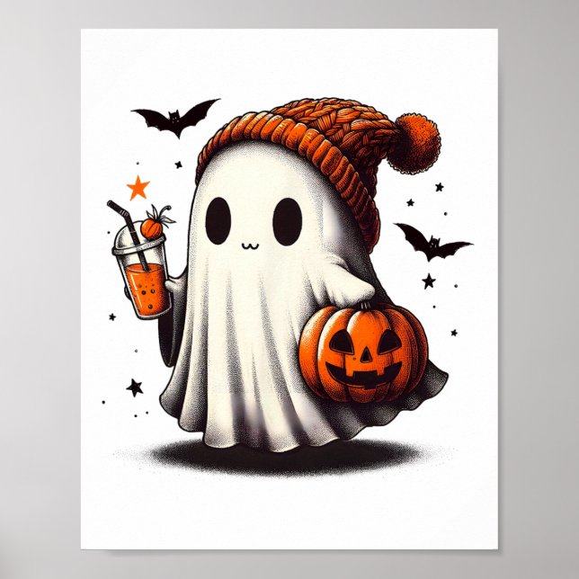 Halloween Ghost Pumpkin Fall Drinks Spooky Beanie  Poster (Front)