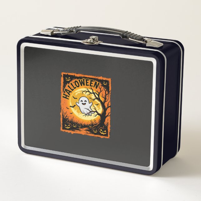 Halloween Ghost Pumpkin Haunted Tree Metal Lunch Box (Front)