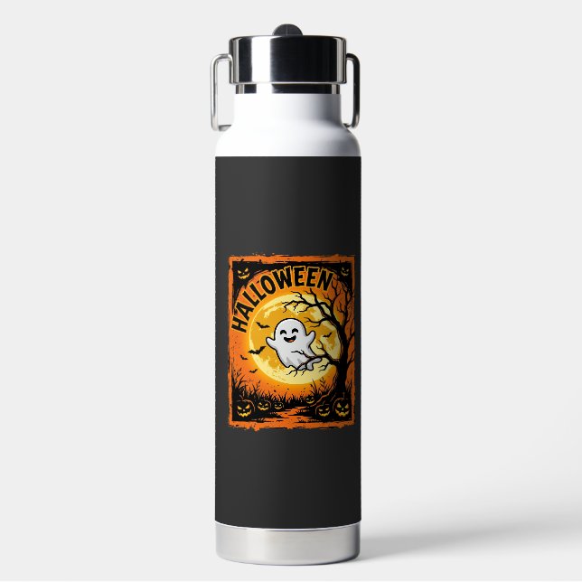 Halloween Ghost Pumpkin Haunted Tree Water Bottle (Front)