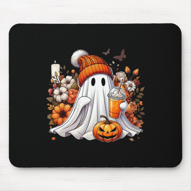 Halloween Ghost Pumpkin Spice Latte Flower Fall Co Mouse Pad (Front)