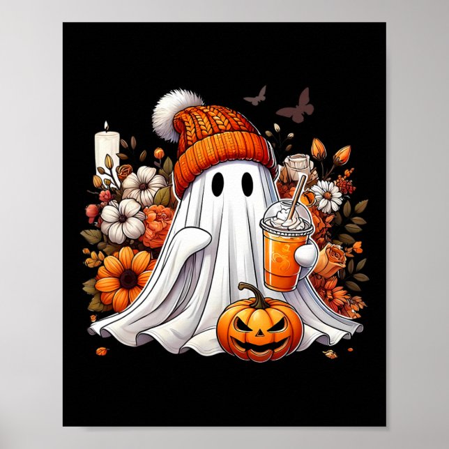 Halloween Ghost Pumpkin Spice Latte Flower Fall Co Poster (Front)