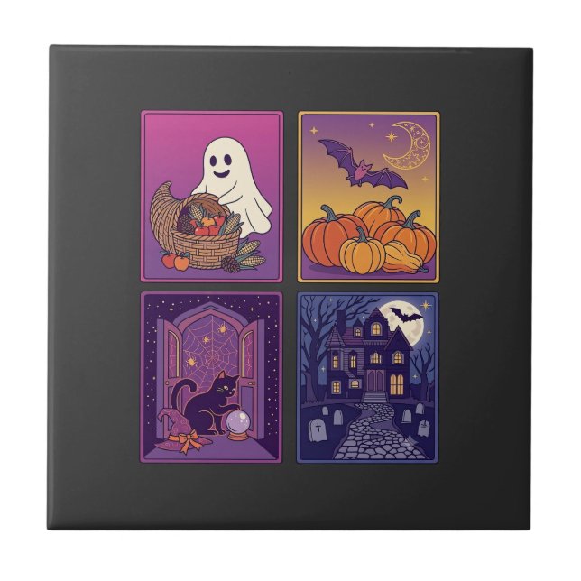 Halloween Ghost Pumpkins Black Cat Haunted House B Ceramic Tile (Front)