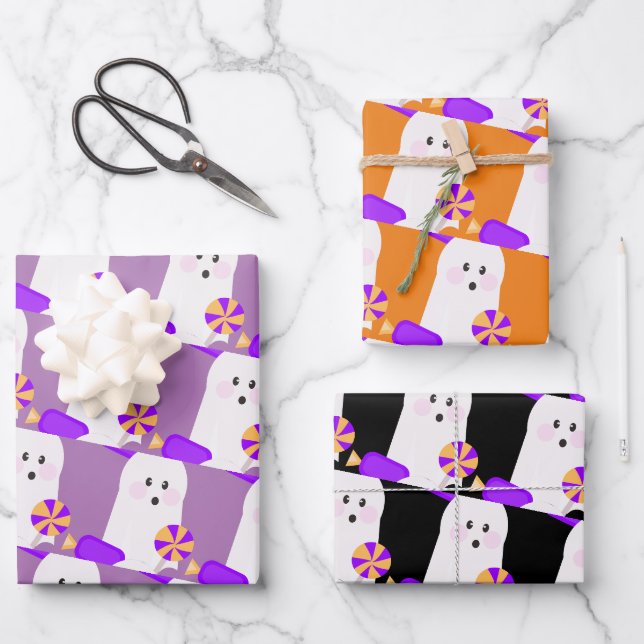 Halloween Ghost Purple Orange  Candy Wrapping Paper Sheet (Front)