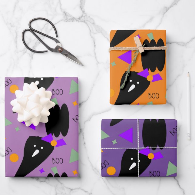 Halloween Ghost Purple Orange Pumpkin Wrapping Paper Sheet (Front)