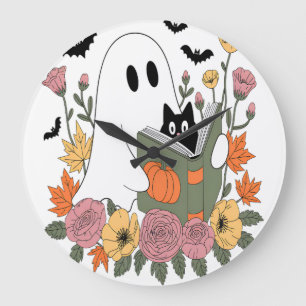 Halloween Ghost Reading Book Cat Large Clock