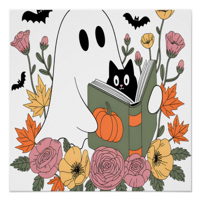 Halloween Ghost Reading Book Cat Poster (Front)