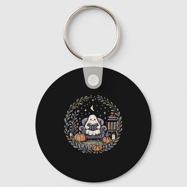 Halloween Ghost Reading Book Lover Tee Long Sleeve Key Ring (Front)