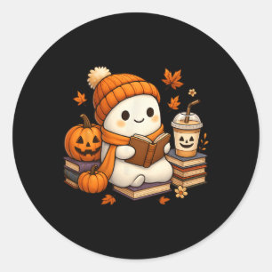 Halloween Ghost Reading Book Lovers Coffee Girl Wo Classic Round Sticker