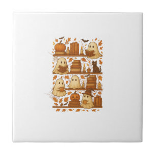 Halloween Ghost Reading Books Lover Ceramic Tile
