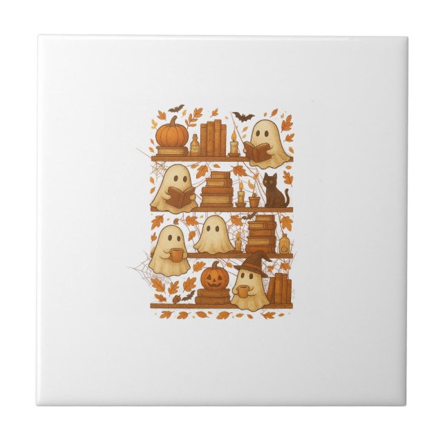 Halloween Ghost Reading Books Lover Ceramic Tile (Front)