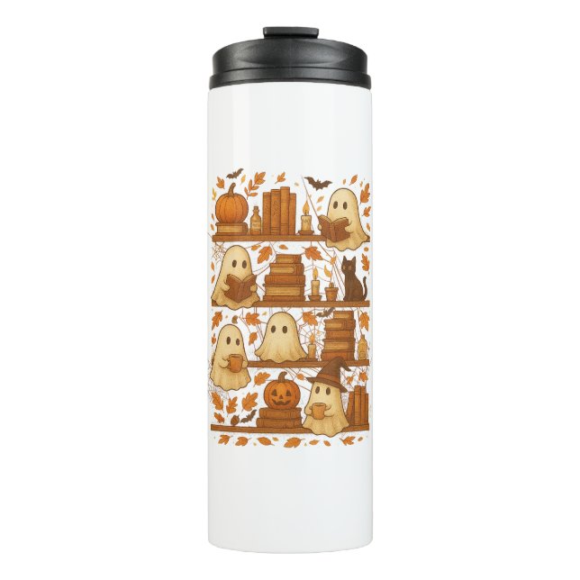 Halloween Ghost Reading Books Lover Thermal Tumbler (Front)