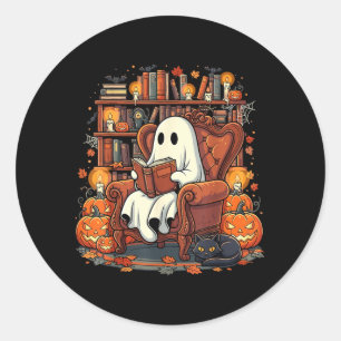 Halloween Ghost Reading Books Pumpkin Black Cat Classic Round Sticker