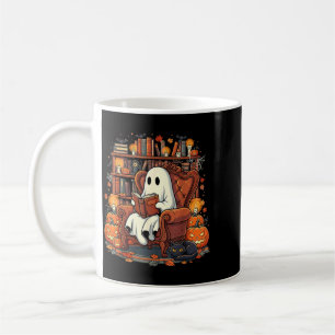 Halloween Ghost Reading Books Pumpkin Black Cat Coffee Mug