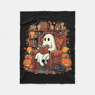 Halloween Ghost Reading Books Pumpkin Black Cat Fleece Blanket