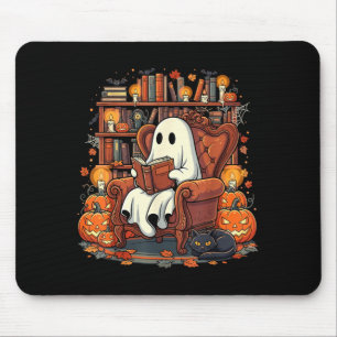 Halloween Ghost Reading Books Pumpkin Black Cat Mouse Pad