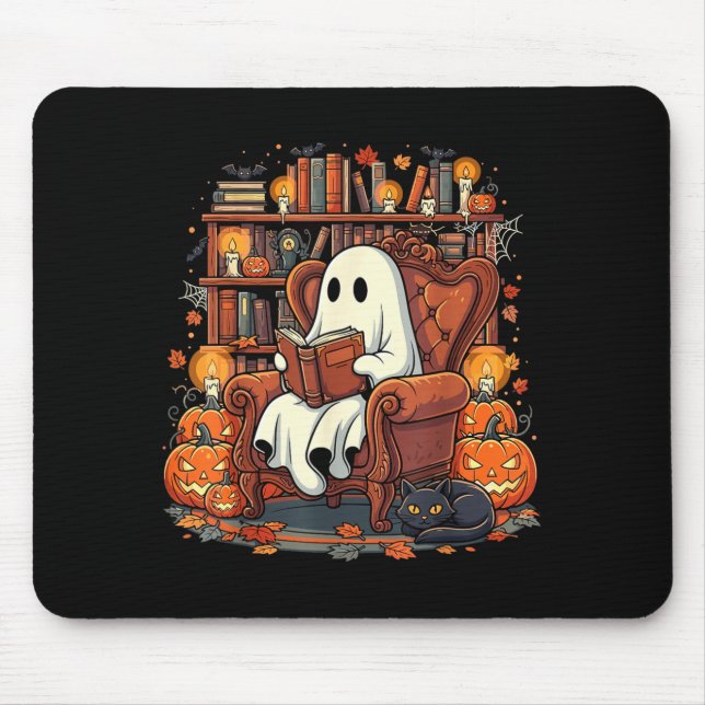Halloween Ghost Reading Books Pumpkin Black Cat Mouse Pad (Front)