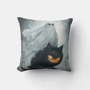 Halloween Ghost Riding a Black Cat Cushion
