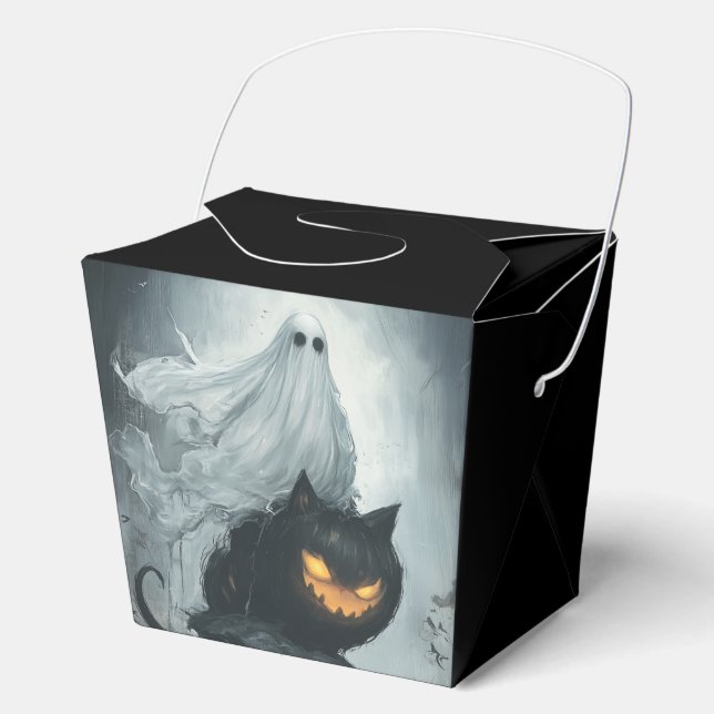 Halloween Ghost Riding a Black Cat  Favour Box (Front)