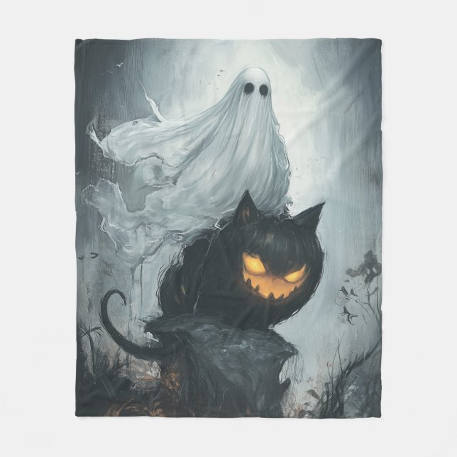 Halloween Ghost Riding a Black Cat  Fleece Blanket (Front)