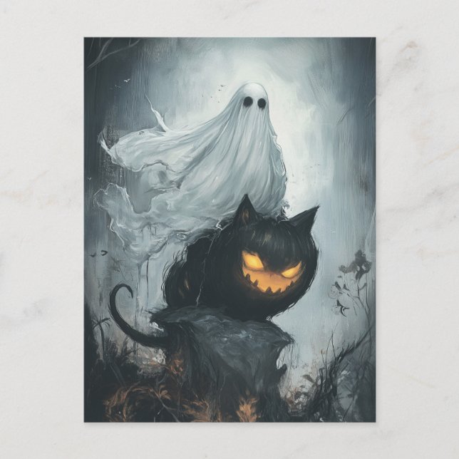 Halloween Ghost Riding a Black Cat  Postcard (Front)