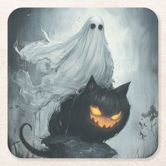 Halloween Ghost Riding a Black Cat  Square Paper Coaster (Front)