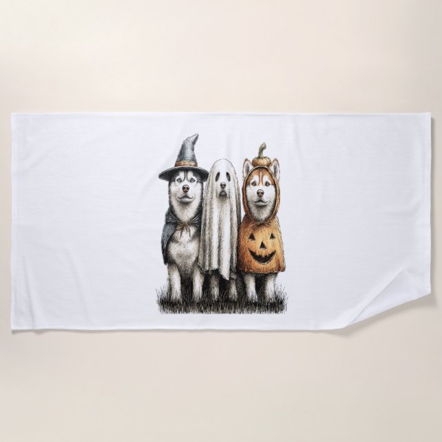Halloween Ghost Siberian Husky Dog Beach Towel (Front)