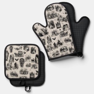 Halloween Ghost Skeleton Ghoul Toile Oven Mitt & Pot Holder Set