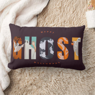 Halloween Ghost Spooky Cute Typography Dark Lumbar Cushion