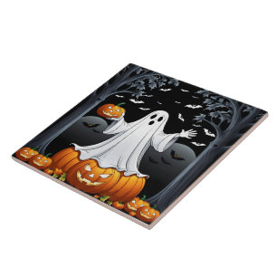 Halloween ghost surrounded by pumpkins and bats ceramic tile