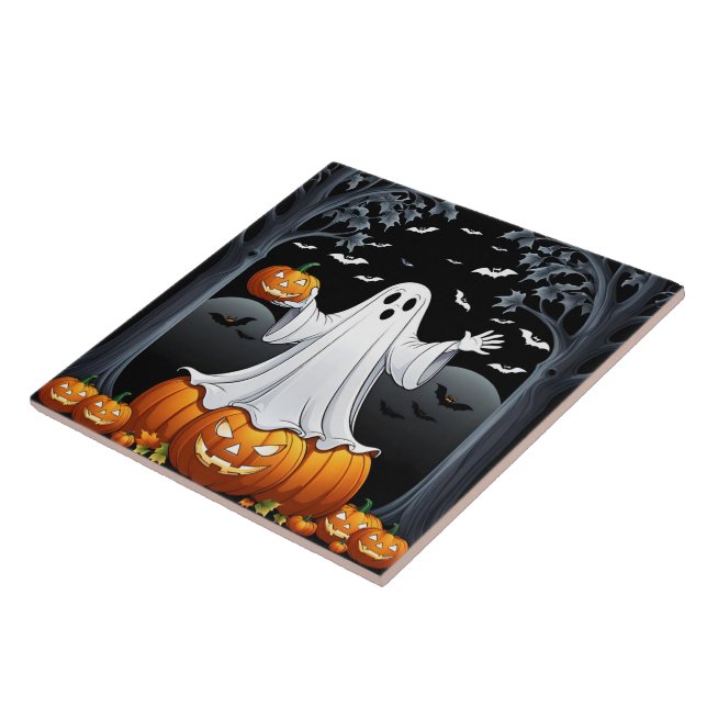 Halloween ghost surrounded by pumpkins and bats ceramic tile (Side)