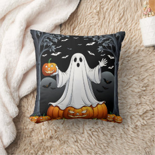 Halloween ghost surrounded by pumpkins and bats cushion
