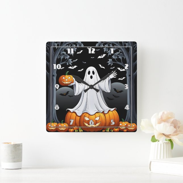Halloween ghost surrounded by pumpkins and bats square wall clock (Home)