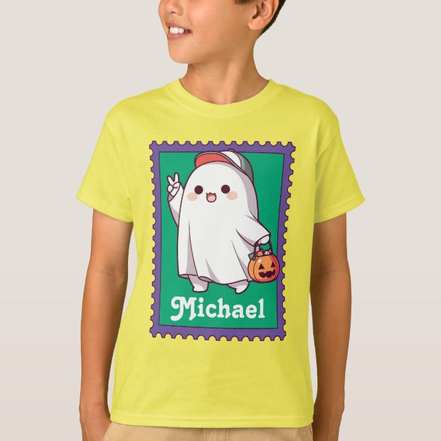 Halloween Ghost Trick or Treat Kids Name Stamp T-Shirt (Front)