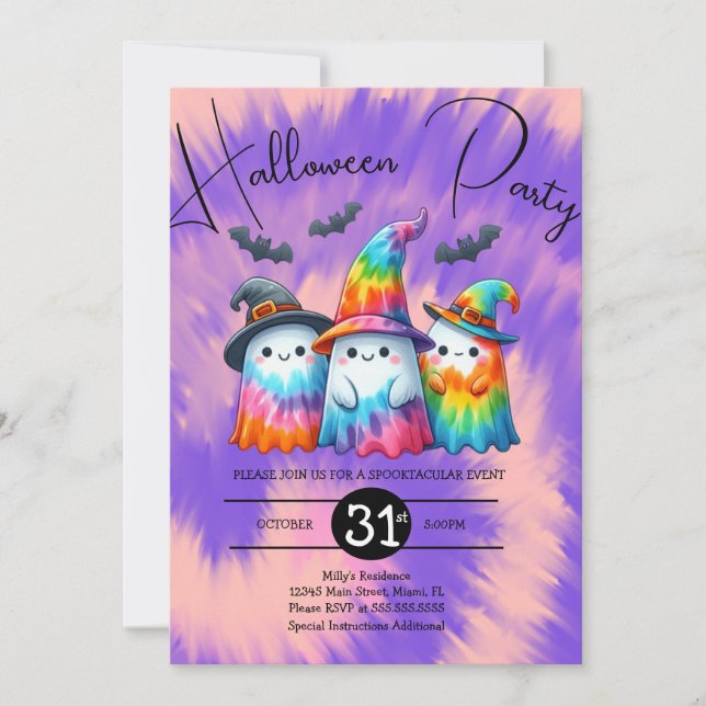 Halloween Ghost Trio Party Tie Dye Hand Drawn  Invitation (Front)