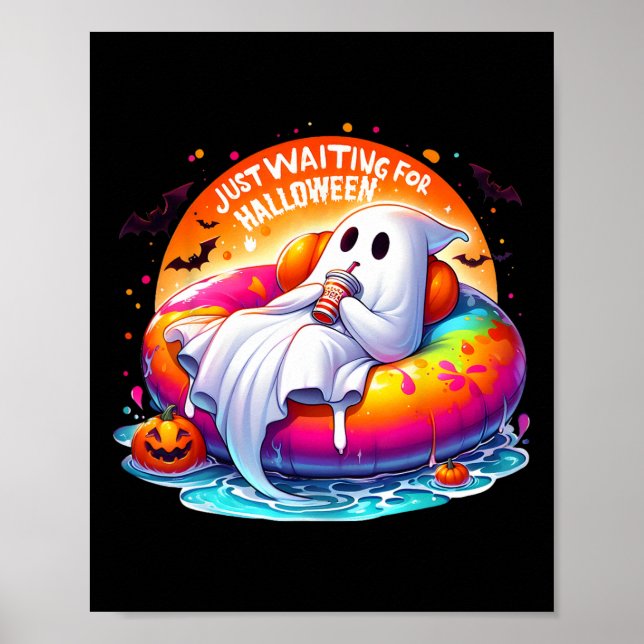 Halloween Ghost Waiting Pool Float Fun Pumpkin  Poster (Front)