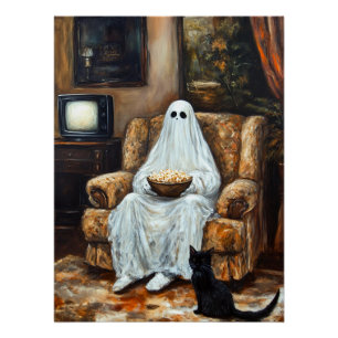 Halloween Ghost Watching TV with Popcorn Poster