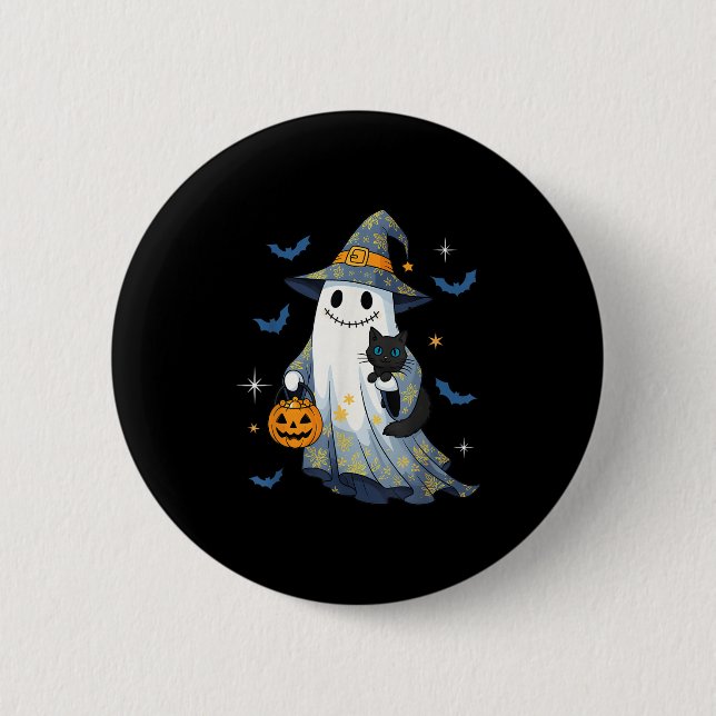 Halloween Ghost Witch Holding Black Cat Funny Hall 6 Cm Round Badge (Front)