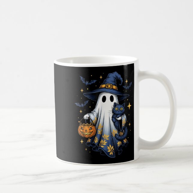 Halloween Ghost Witch Holding Black Cat Funny Hall Coffee Mug (Right)