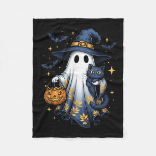 Halloween Ghost Witch Holding Black Cat Funny Hall Fleece Blanket